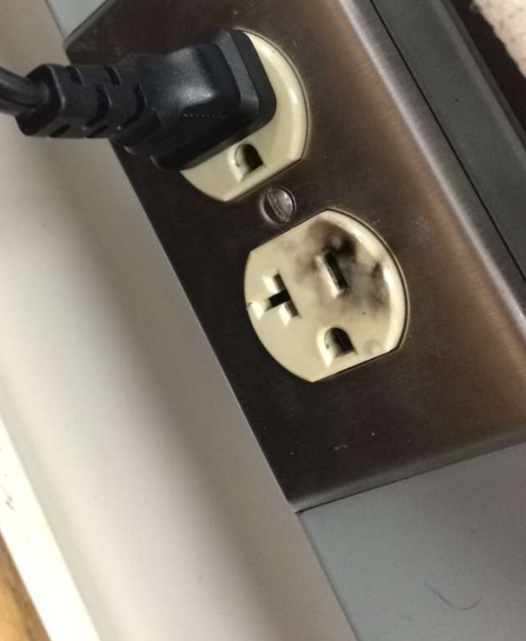NYMC_EHS's tweet photo. Electrical safety is important! Outlets look like this? Don't use them, it's a fire hazard, call facilities (x4588) https://t.co/6BCLZOi9Cc