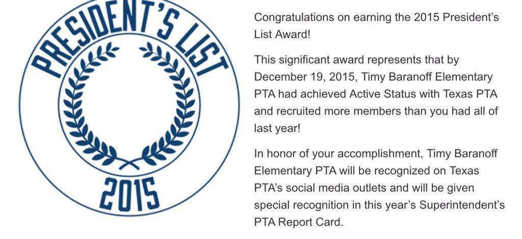 Baranoff earned the PTA President's List award. We have a great community that supports student learning!@AISDSupt
