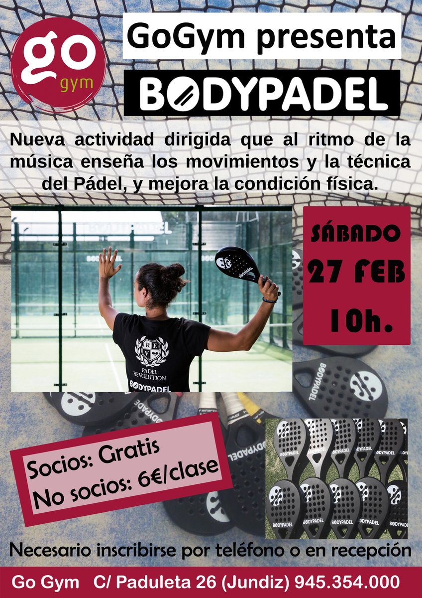 gimnasiogogym's tweet photo. Nueva actividad en @gimnasiogogym El sábado 27 febrero a las 10h. @Bodypadel 
#bodypadel #vitoriagasteiz #padel https://t.co/bI7M9Igjdf