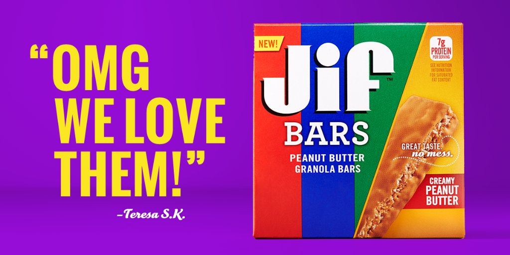 Jif's tweet photo. YASSS! We love to hear that! #JifBars #PeanutButterHappy https://t.co/Z8MACteYf1