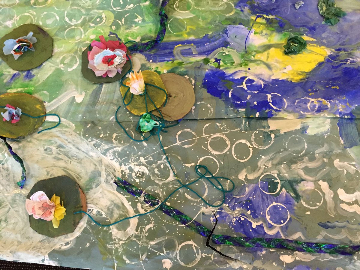 Cat_Bennett's tweet photo. 5-year-olds' impression of Monet's waterlilies in 3-D!  Want to paint with them! #artinspiration https://t.co/mqgamAj3wI