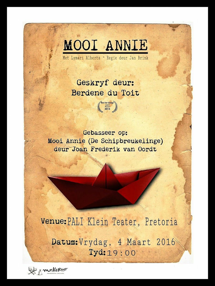 Maskerteer_JHB's tweet photo. #MooiAnnie is 4 Maart by die PALI. Kaartjies kos R80 maar sitplek is min! Bel 0798835697 om jou kaartjie te bespreek https://t.co/CdqyGJWJHp