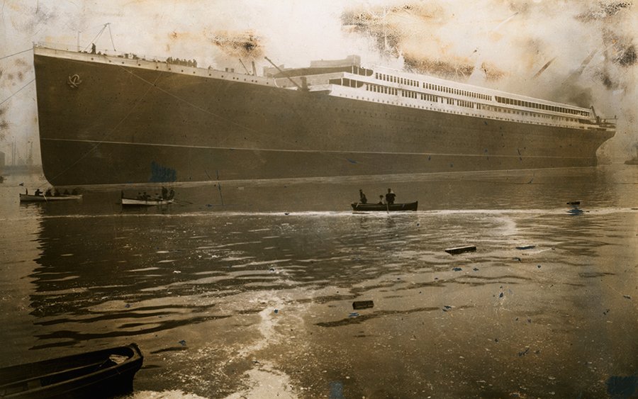 Picture of HMHS Britannic in 1914 The Britannic, sister ship to the Titanic, launches from Belfast Harbor