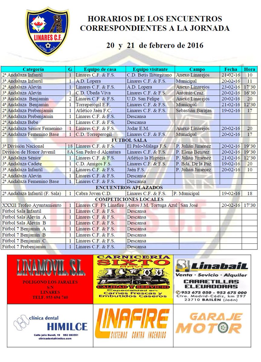 Horario de los partidos de este fin de semana @linares_cffs