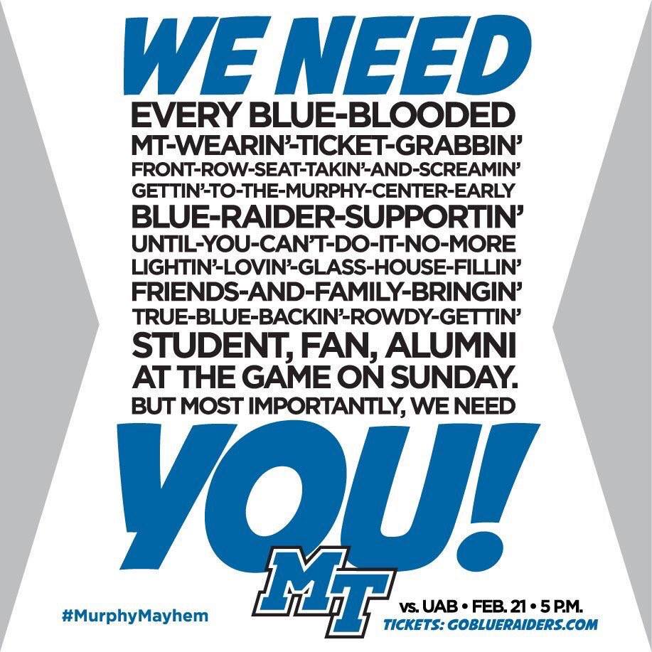 MTSU's tweet photo. WHO'S READY FOR #615NIGHT ON SUNDAY?! GET TICKETS HERE: https://t.co/3mh1cZFZmc #BlueRaiders #BeatUAB https://t.co/LpVs5C1Ygd