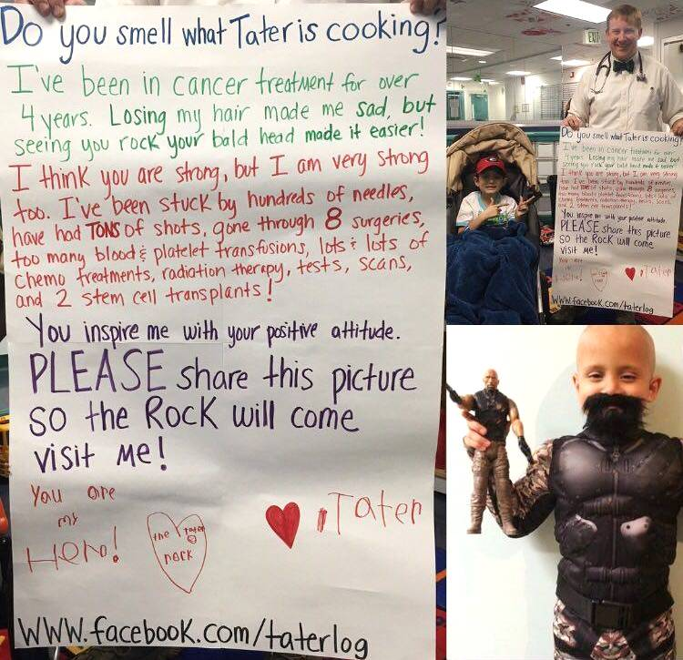ChildrensatEHS's tweet photo. Can we make Tater’s dream of meeting @TheRock come true? RT to help! https://t.co/vxBDjzFkm1