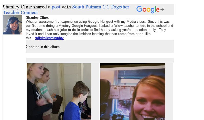 TonaGardner's tweet photo. Fun to see successful Google Hangout w/ 6th graders - Awesome job @shanley_cline !  #DLDay #INeLearn #StopDropnTweet https://t.co/YcpMvT5ZOU