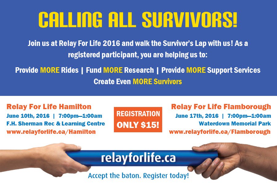 HamiltonRelayON's tweet photo. Calling all Hamilton-Wentworth Survivors! Come and walk the Survivor's Lap with us! #HamOnt #CancerSurvivors https://t.co/Rj3PNFcJsO