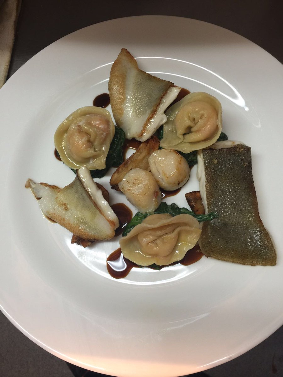Langoustine tortellini. Local turbot . Scollops. Crispy artichoke and fish jus X
