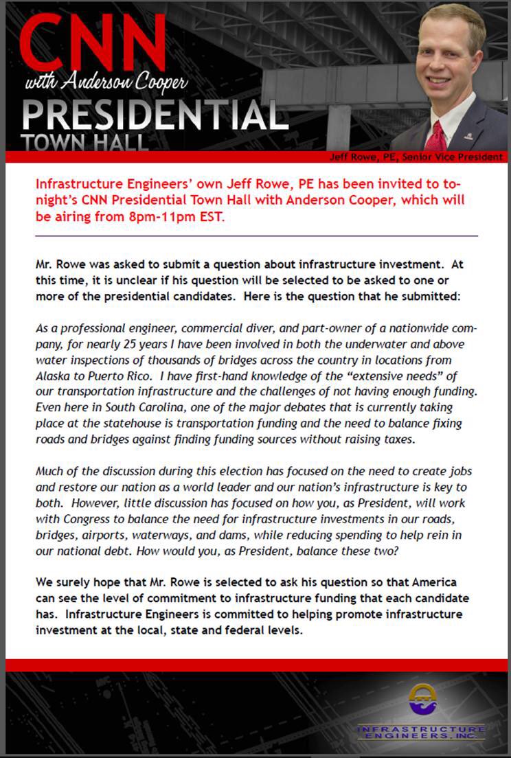 theACECSC's tweet image. Jeff Rowe, PE of #InfrastructureEngineers will be on @CNN tonight.