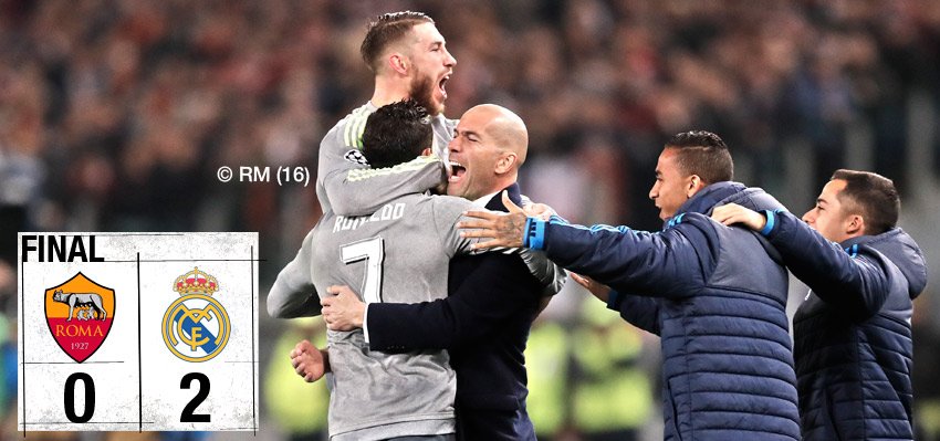 realmadrid's tweet photo. FP: Roma 0-2 Real Madrid (@Cristiano 57', @JeseRodriguez10 86')

#RMUCL #HalaMadrid https://t.co/Wht2KQPZTh