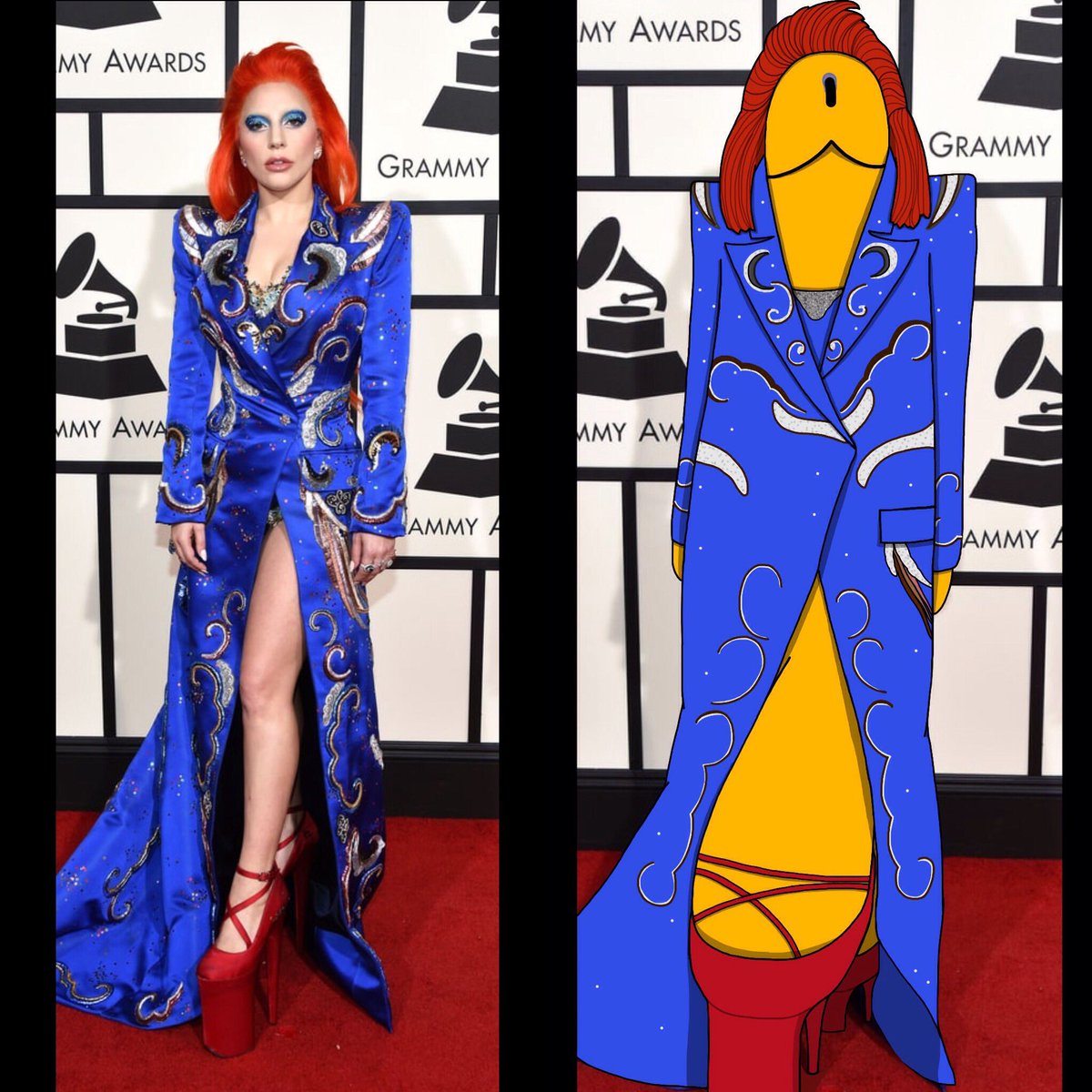 Monsterdick__'s tweet photo. The real questions from the Grammys... Who wore it better? #Grammy2016 #LadyGaga @ladygaga @TheGRAMMYs @BroBible https://t.co/acpLao7t6s