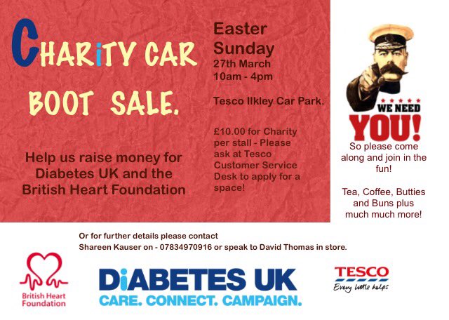 Come join in! #diabetesuk #britishheartfoundation #carboot #carbootsale #charity #tesco #tescoilkley #ilkley