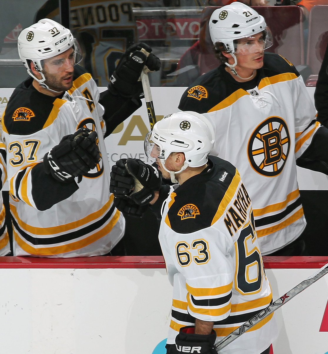 NHLBruins's tweet photo. #NHLBruins are the first team with three 20-goal scorers this season. Bergeron (22), Eriksson (20), Marchand (28). https://t.co/7yU0q1CAEP