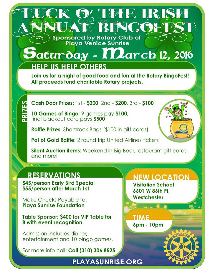 This year's BINGOFEST is March 12th. Only $45 per person ($55 after March 1st) includes dinner &amp; 10 games of bingo.