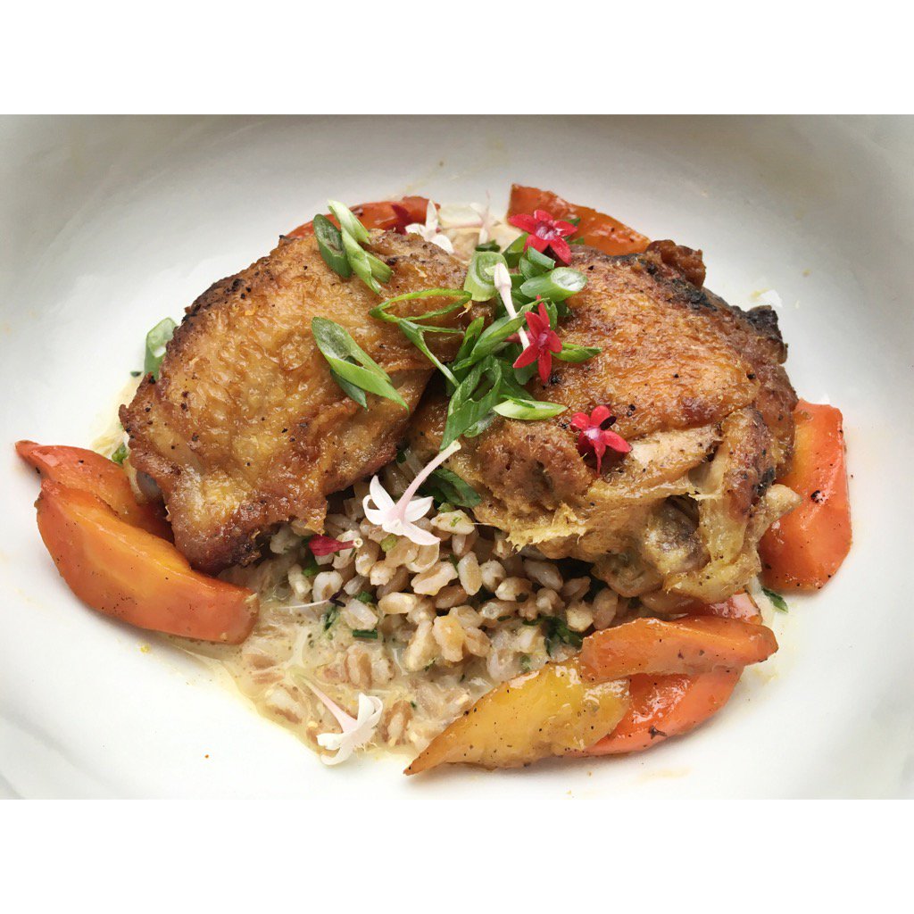 Coconut curry braised chicken thighs, farro wheat, sweet and sour cumin carrots, cilantro, green onion #tgpl