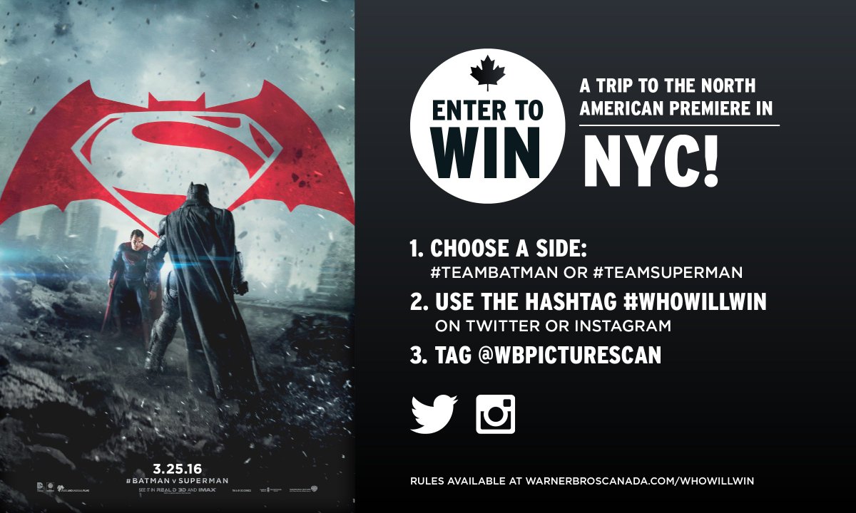 WarnerBrosCA's tweet photo. Vote #TeamBatman or #TeamSuperman, tag @WBPicturesCan &amp; you could be off to the North American premiere! #WhoWillWin https://t.co/RCWiPhRlum