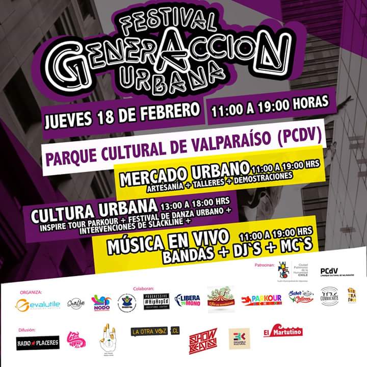 Mañana festival generacción urbana, desde las 11:00 horas @parquevalpo música en vivo, mercado urbano entrada libre