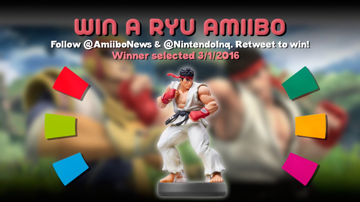 AmiiboNews's tweet photo. Win a Ryu amiibo from Amiibo News &amp; @NintendoInq! Follow and retweet to enter. Winner selected on 3/1! Good luck! https://t.co/xXhdmj0Xio