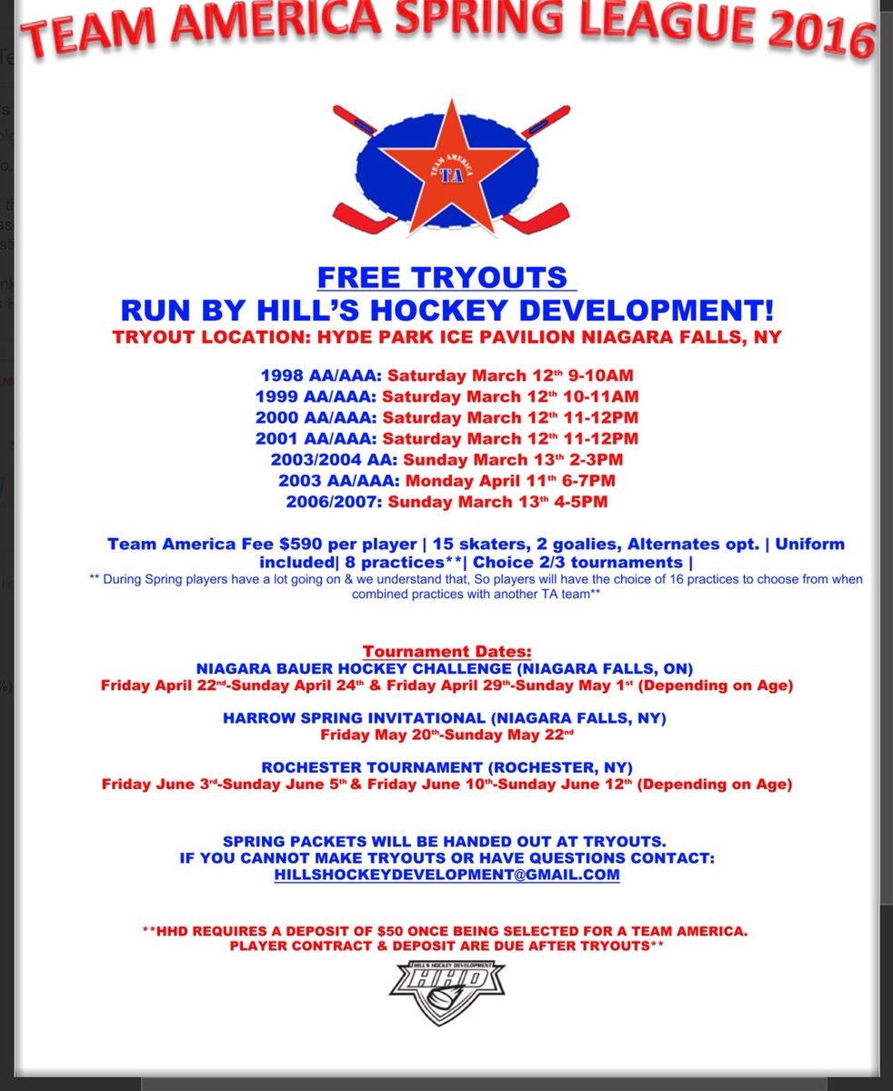 HillsHockeyDev's tweet photo. TEAM AMERICA SPRING LEAGUE 2016. FREE TRYOUTS run by Hill's Hockey Development at Hyde Park Ice Pavilion! https://t.co/JkDl3nlvPI