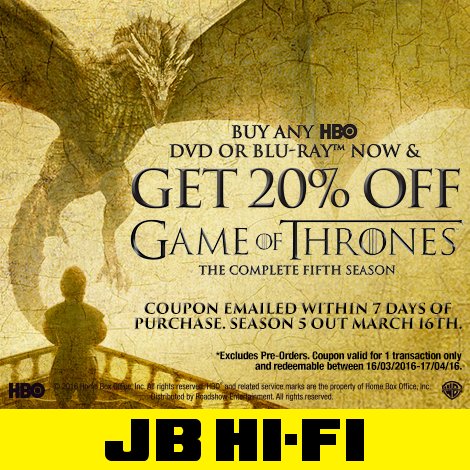 Jb Hi Fi On Twitter Buy Any Hbo Title Get 20 Off Game Of