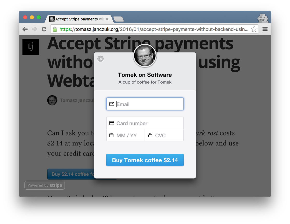tjanczuk's tweet photo. Blogged: accept Stripe payments from HTML5 app, no backend required https://t.co/plNRtYfgxz #nodejs #javascript https://t.co/teQpmsZmgi