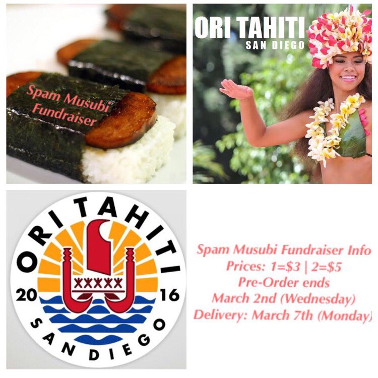 pisa_sdsu's tweet photo. 2nd Annua Ori Tahiti SD next Saturday, Feb. 27 @ Montezuma Hall! 9:30am-6:00pm + Spam Musubi fundraiser for our Luau https://t.co/BDlgPF8yq4