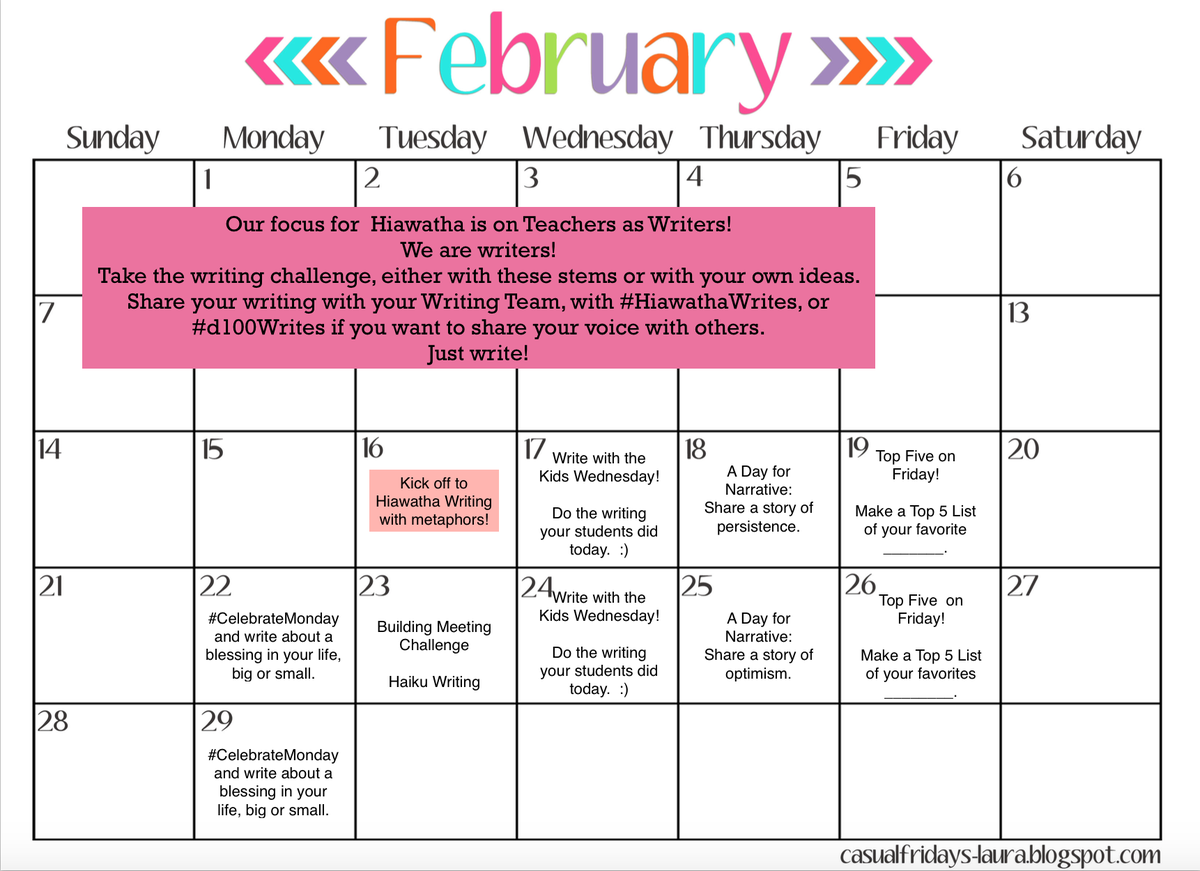 leahod's tweet photo. Here is a possible calendar for Teachers are Writers! Use your notebook! #hiawathapride #d100writes #hiawathawrites https://t.co/lo6HoLOgWc