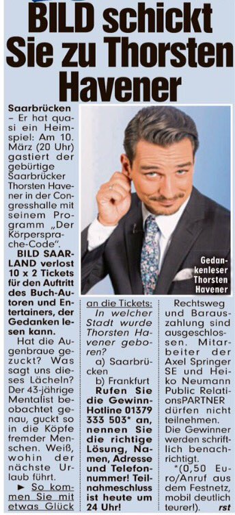 RalphStanger's tweet photo. Heute Karten für Thorsten #Havener zu gewinnen!
#Mentalist #Saarbrücken #Gewinnspiel
via #BILD #Saarland https://t.co/8UGLiKEWwh