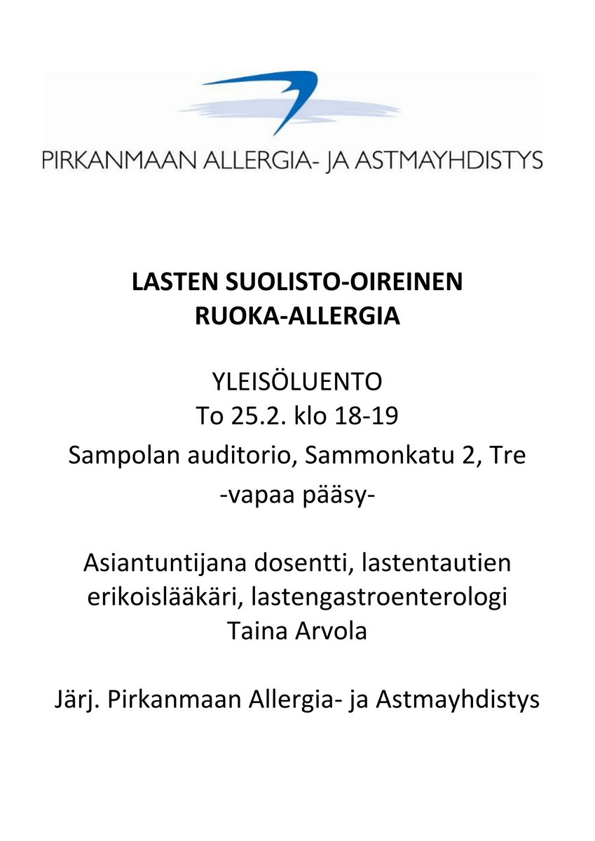 Pirk_Allergia's tweet photo. #Yleisöluento #Tampere'ella to 25.2. klo18-19
Lasten suolisto-oireinen #ruokaallergia
#menomini #aamulehti #allergia https://t.co/dh766w0j58