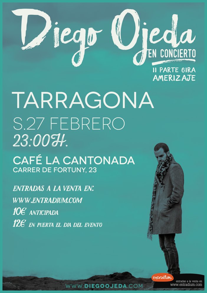 CafeLaCantonada's tweet photo. Dissabte 27
22.30 h concert
Diego Ojeda, cançó d’autor
10 € anticipades  https://t.co/wASaFTKMlG  12 € taquilla. https://t.co/sNk4NLe5ah