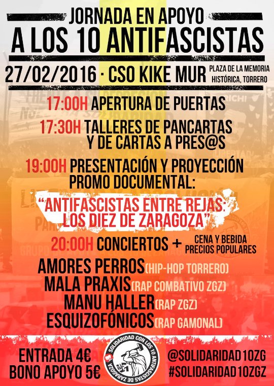 BREGARzgz's tweet photo. JORNADA EN APOYO A @Solidaridad10Zg
¡SER ANTIFASCISTA NO ES DELITO! Solidaridad con los antifascistas de #Zaragoza https://t.co/B3gAQzI7IR