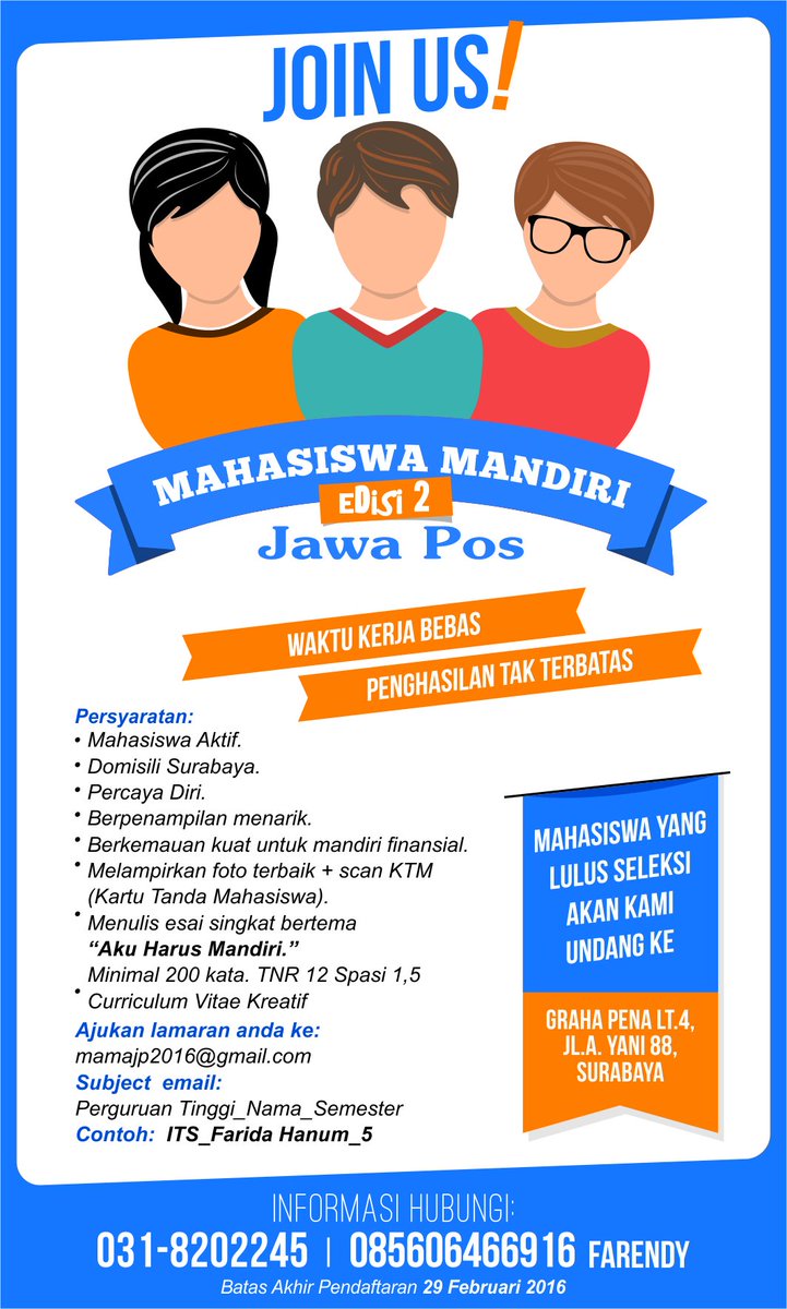 jawaposevent's tweet photo. Ikuti Mahasiswa Mandiri Jawa Pos. Waktu kerja bebas, penghasilan tak terbatas. Kirim lamaran anda segera! https://t.co/QIQZiZZL4r