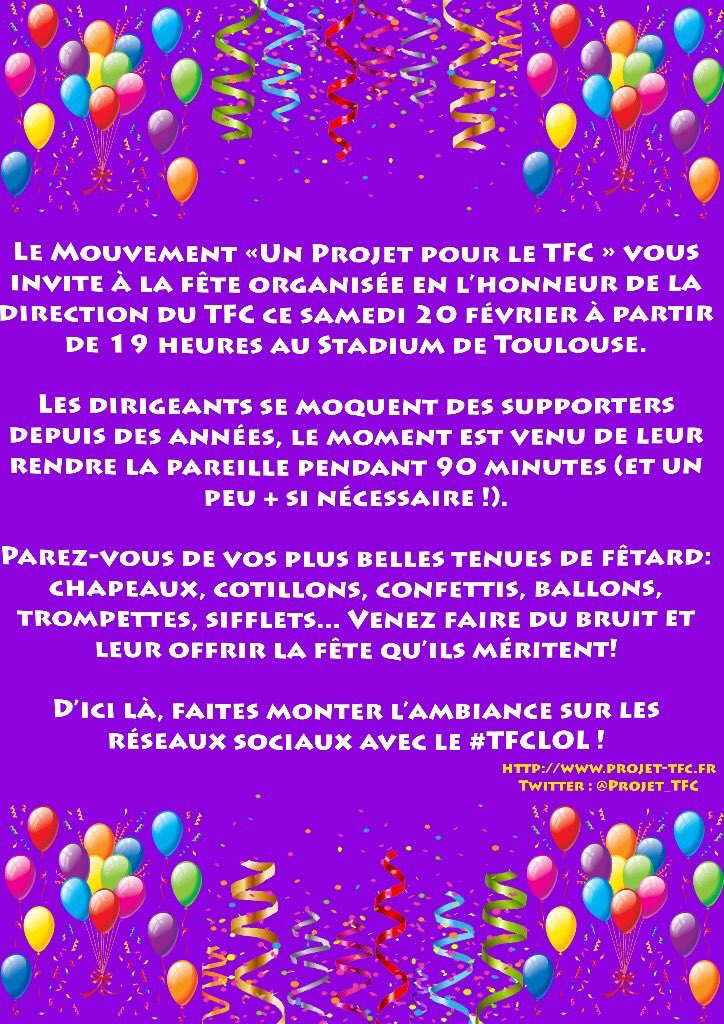 Projet_TFC's tweet photo. Vous avez une invitation ! Grande fête au Stadium ce samedi pour #TFCGFCA ! #projetTFC https://t.co/IWAB73HtxY