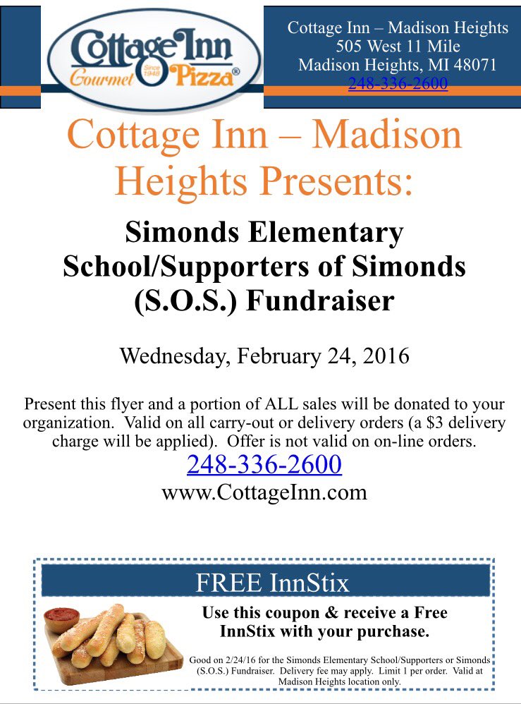 Enjoy some pizza and help support your SOS next Wednesday, the 24th! #WeAreLamphere <a href="/SimondSuperstar/">Simonds Superstars |The Lamphere Schools</a>