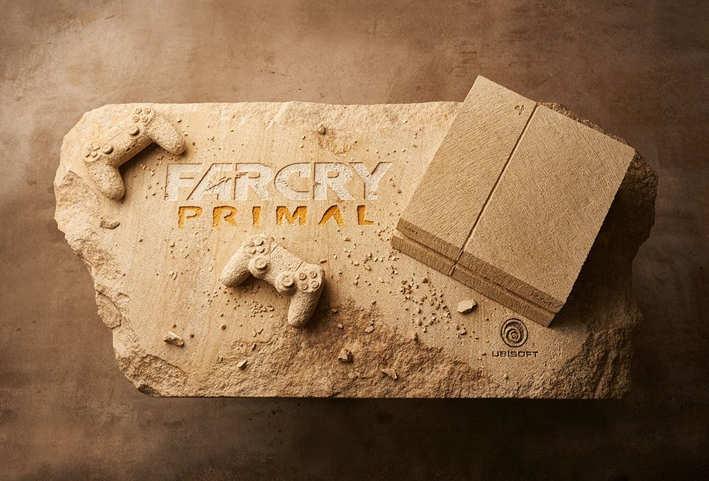 PlayStationUK's tweet photo. Far Cry Primal is almost here and @UbisoftUK went full Flintstones and carved a PS4 out of stone! #PS4Rocks https://t.co/YmiNoO5dbt