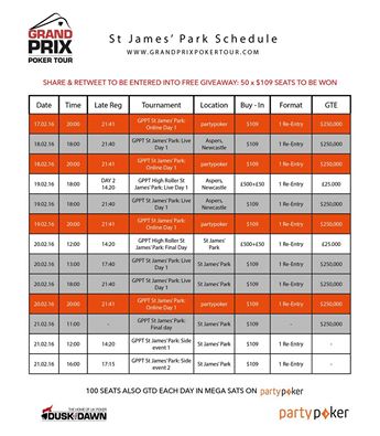 DTDPlayer's tweet photo. RT Pls: 50 x $109 @GrandPrix_Poker Tour St James' Park Tickets to give away to Retweeters! https://t.co/edL9dIQ9E7 https://t.co/29tKnx1Ekv