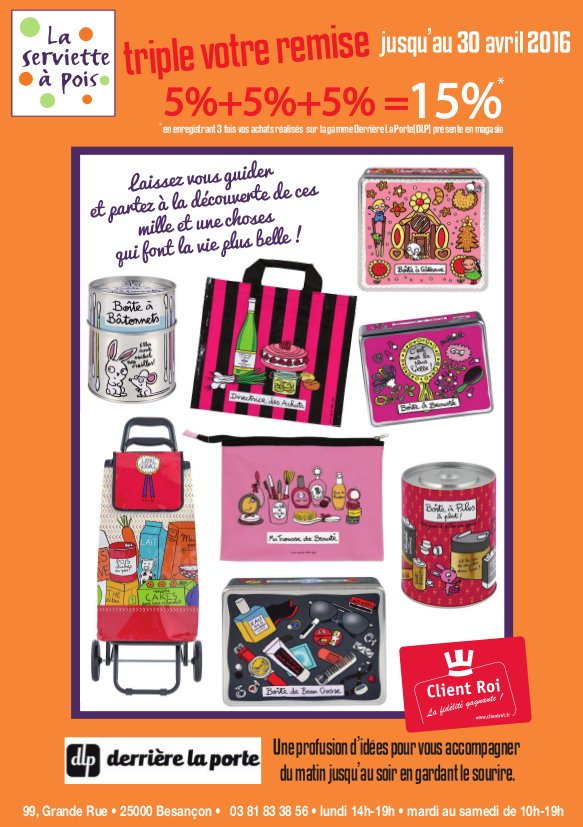 ClientRoi's tweet photo. #besancon Jusqu'au 30 avril 2016 profitez d'une triple remise sur la gamme "DlP" dans votre magasin #servietteapois https://t.co/mo8i2qQXzL