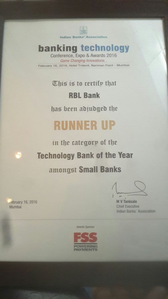 rblbank's tweet photo. RBL Bank got Runner-up Award - #BestTechnologyBank of the year among #smallbanks #BankingTechnologyAwards by IBA https://t.co/ipRnIgUbhx