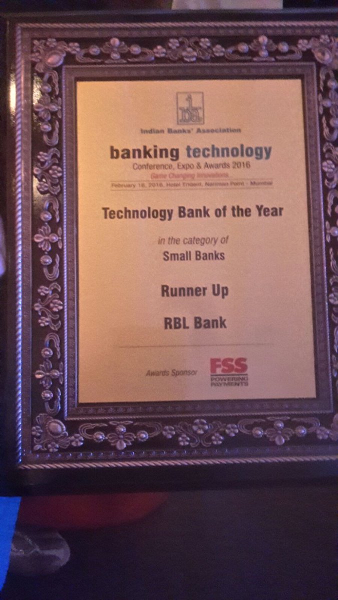 rblbank's tweet photo. RBL Bank got Runner-up Award - #BestTechnologyBank of the year among #smallbanks #BankingTechnologyAwards by IBA https://t.co/ipRnIgUbhx