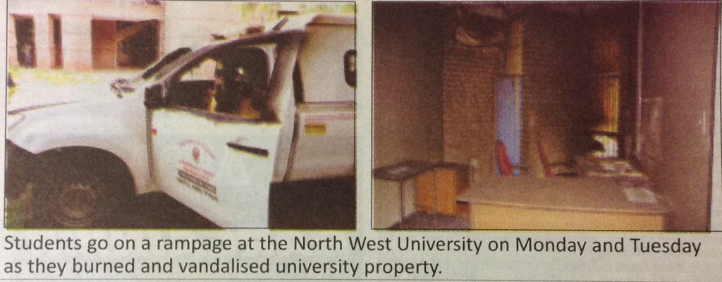 NorthWestZA's tweet photo. "Mixed reactions to NWU student protests land some in jail &amp; hospital-while university property burned" Pg #TheMail https://t.co/WNoSBvVGvP