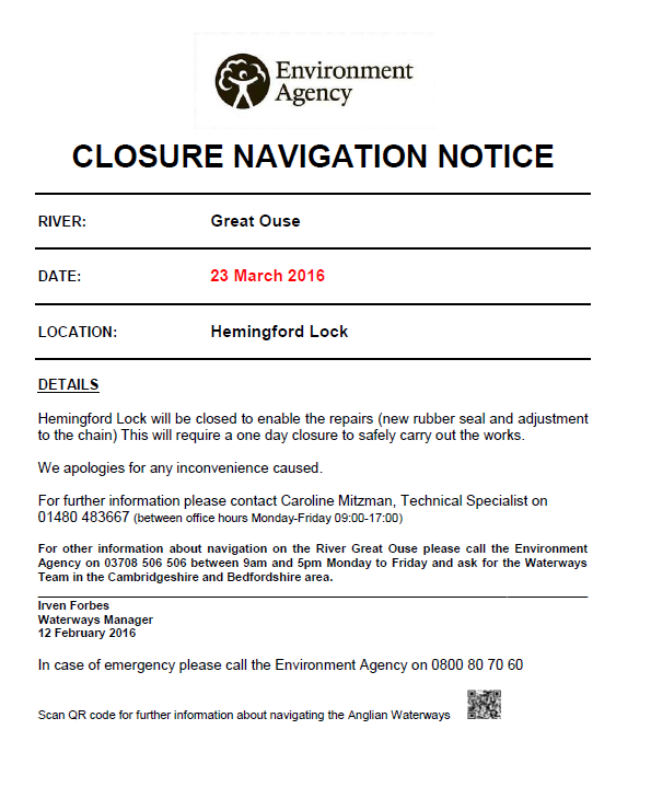 Ang_WaterwaysEA's tweet photo. UPDATED Closure Notice #HemingfordLock #RiverGreatOuse Repair works delayed until 23rd March, See attached notice https://t.co/aMH7pRtqKq