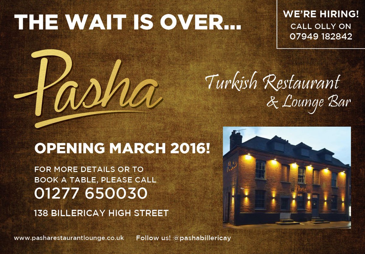 AroundTownMan's tweet photo. @PashaBillericay 
The wait is over.. Opening March 2016
For more details or to book a table please call 01277 650030 https://t.co/mqPgvWJTLy