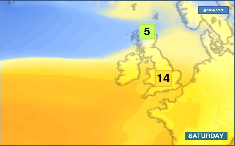 bbcweather's tweet image. Big temp contrast on Sat. Air from Greenland will flow into Scot, whilst air from Azores will flow into S Eng. Jo