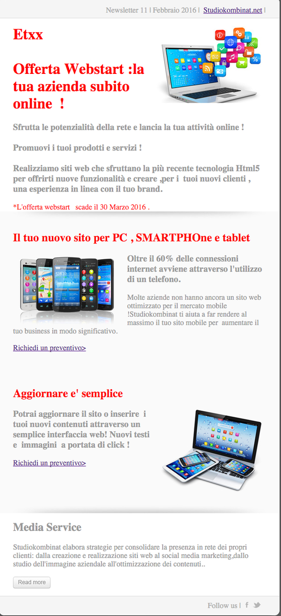 StudioKombinat's tweet photo. Newsletter 2: Promo #web Start ! la tua azienda subito online!
https://t.co/1j8G2WAsJe https://t.co/6VeeJULRal