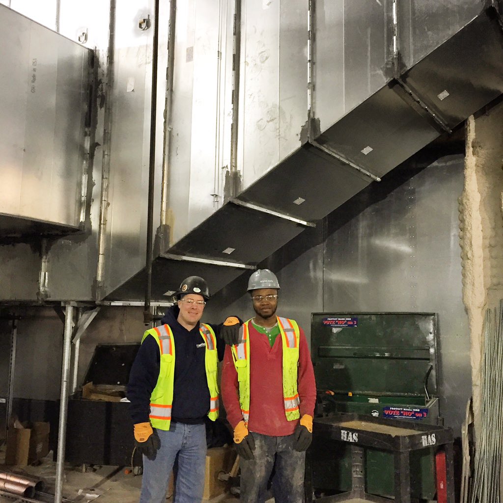 32-year veteran Mike Howard and #buildingpathways apprentice Darius Bass knocking the plenum at Northeastern's ISEC