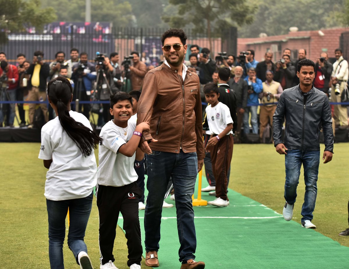 ICC's tweet photo. Yuvraj Singh was a man in demand today as the #WT20 Host City tour rolled into Delhi #CricketforGood https://t.co/TrUFeIUiQT