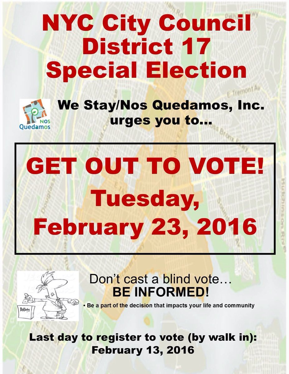 TODAY 3-8pm! Join our Get Out and Vote canvassing campaign. Meet at NQ - 754 Melrose Ave btw 156 &amp; 157 St. #cd17