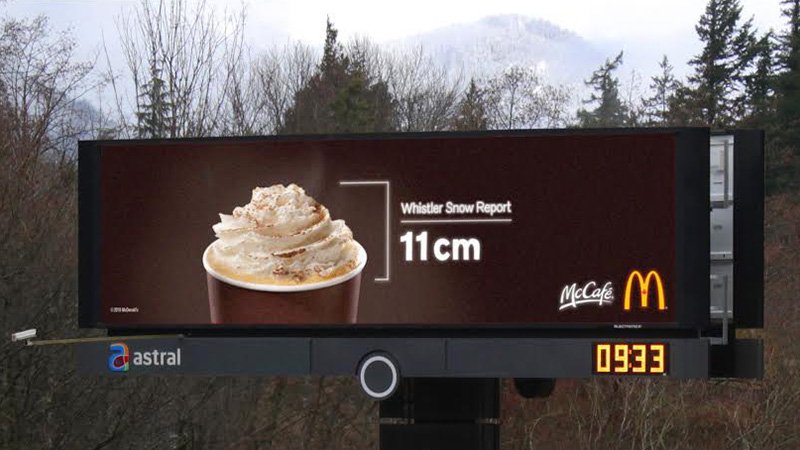 Adweek's tweet photo. This McDonald's billboard near Whistler gives snow reports via espresso drink toppings. https://t.co/axW3FUevof https://t.co/pQKgbbcq0U