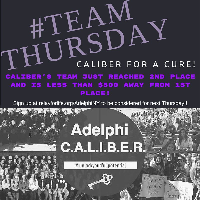 AdelphiRelay's tweet image. This week's #TeamThursday features CALIBER for a Cure, currently in 2nd place! Register a team today! #AdelphiRelay